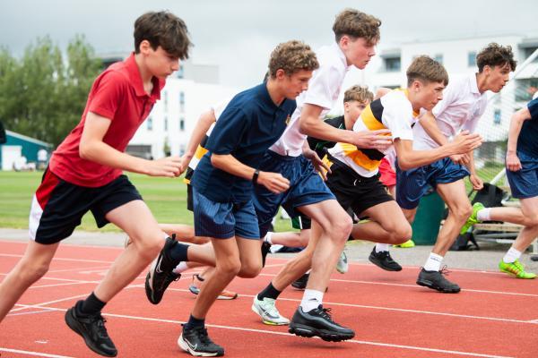 Athletics at the track at FB Fields. Schools athletics cup - boys year 7/8 & 9/10. 800m start. Jake Le Boutillier (14) (black shorts/white shirt black/yellow hoops) of Victoria College came second in this race                         Picture: ROB CURRIE