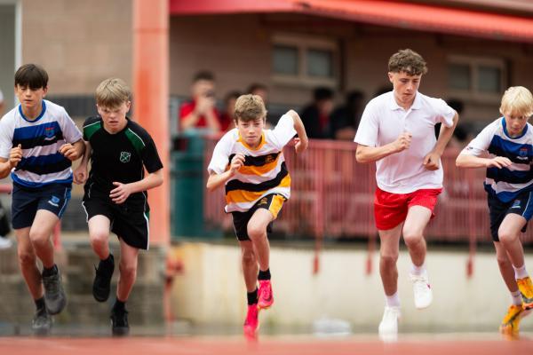 Athletics at the track at FB Fields. Schools athletics cup - boys year 7/8 & 9/10. 800m start. Cole Selby (13) (white shirt/red shorts) of Le Rocquier won this race                         Picture: ROB CURRIE