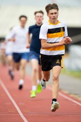 Athletics at the track at FB Fields. Schools athletics cup - boys year 7/8 & 9/10. 800m start. Jake Le Boutillier (14) (black shorts/white shirt black/yellow hoops) of Victoria College came second in this race                         Picture: ROB CURRIE