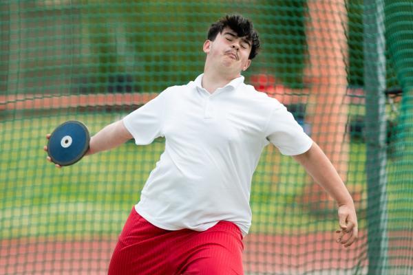 Athletics at the track at FB Fields. Schools athletics cup - boys year 7/8 & 9/10. Discus. Matthew Harris (13) of De La Salle (I think he won)                         Picture: ROB CURRIE