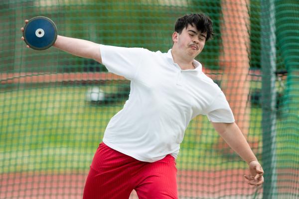 Athletics at the track at FB Fields. Schools athletics cup - boys year 7/8 & 9/10. Discus. Diogo Baptista (15) of Le Rocquier                         Picture: ROB CURRIE