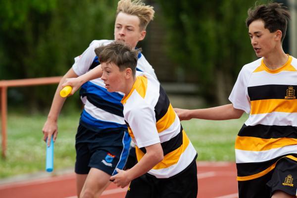 Athletics at the track at FB Fields. Schools athletics cup - boys year 7/8 & 9/10. 4 x 100m relay, first changeover. L>R De La Salle and Victoria College. I think Vic won this race. NO NAMES                       Picture: ROB CURRIE