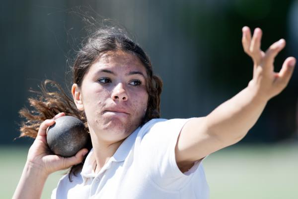 Athletics at the track at FB Fields. Schools athletics cup - girls year 7/8 & 9/10. Shot Put. Ava Gomes (14) from Le Rocquier                             Picture: ROB CURRIE