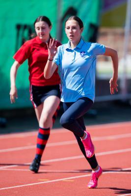 Athletics at the track at FB Fields. Schools athletics cup - girls year 7/8 & 9/10. 100m. Ella Duarte (13) of Beaulieu won her race                             Picture: ROB CURRIE
