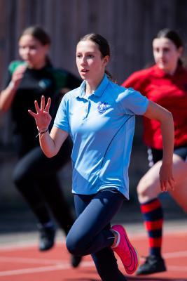 Athletics at the track at FB Fields. Schools athletics cup - girls year 7/8 & 9/10. 100m. Ella Duarte (13) of Beaulieu won her race                             Picture: ROB CURRIE