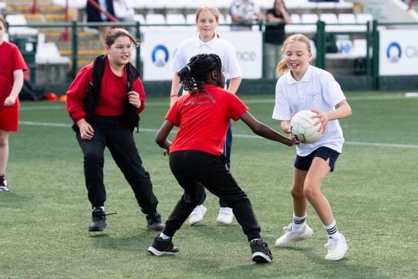 Girls year 5 Gaelic football tournament at Springfield. FCJ (white) V Rouge Bouillon (red). NO NAMES                      Picture: ROB CURRIE