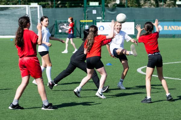 Girls year 5 Gaelic football tournament at Springfield. FCJ (white) V Rouge Bouillon (red). NO NAMES                      Picture: ROB CURRIE