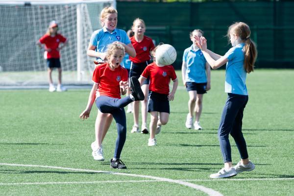 Girls year 5 Gaelic football tournament at Springfield. Beaulieu (blue) V D'Auvergne (red). NO NAMES                      Picture: ROB CURRIE