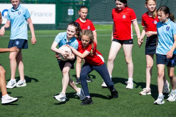 Girls year 5 Gaelic football tournament at Springfield. Beaulieu (blue) V D'Auvergne (red). NO NAMES                      Picture: ROB CURRIE