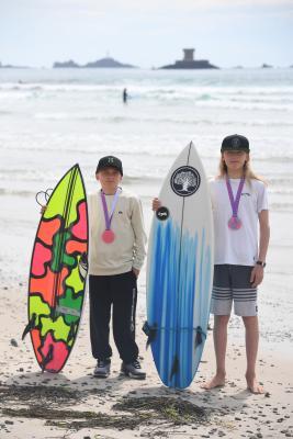 Surfing Rip Curl Grom Search  Great Western Beach, Newquay. Jersey surfers Jesse Heddercott (right) finished 2nd in the Under 14 division and Teijo Boletta (LEFT) got 4th in the Under 12s (best surfers in the UK)
Picture: DAVID FERGUSON