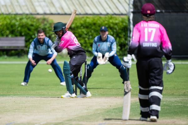 Cricket at Grainville. First game of the Belasko Channel Island league, 45 overs a side, Griffins (batting) (from Guernsey)  V Walkovers (bowling). Marcus Thomas                  Picture: ROB CURRIE
