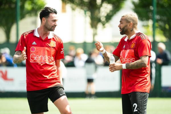 Football at Springfield.  Jersey Bulls select XI (white) V Manchester United Legends side (red). L>R Chris Eagles and Danny Simpson                 Picture: ROB CURRIE