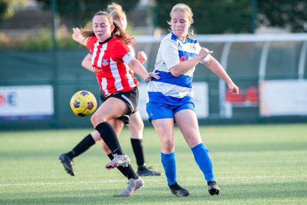 Women's football Sylvia Spinola final.Jersey Wanderers v Rozel 14 Sofia Rodrigues and 10 Emma Tyniec Picture: JON GUEGAN