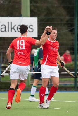 Hockey Jersey Men v Sunburry & Walton Tom Millar celebrates Jersey's first goal Picture: JON GUEGAN