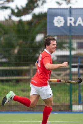 Hockey Jersey Men v Sunburry & Walton Tom Millar celebrates Jersey's first goal Picture: JON GUEGAN