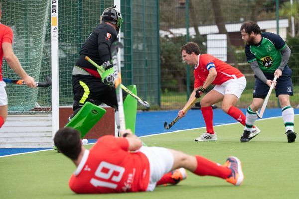 Hockey Jersey Men v Sunburry & Walton Tom Millar scores from the acrobatic cross of  ?Picture: JON GUEGAN