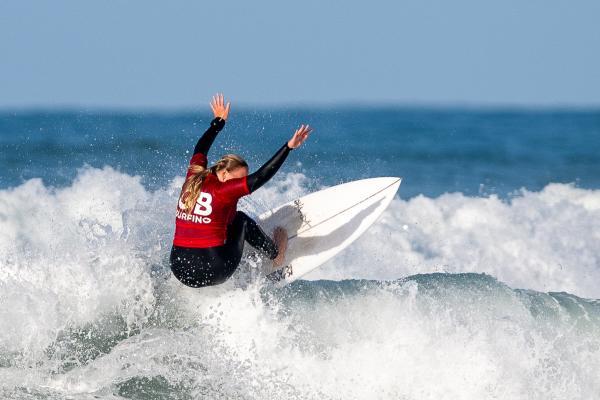 Surfing at St Ouen. GB Cup competition. Women's Open Round 4. Charlotte Mulley of England (RED)                     Picture: ROB CURRIE