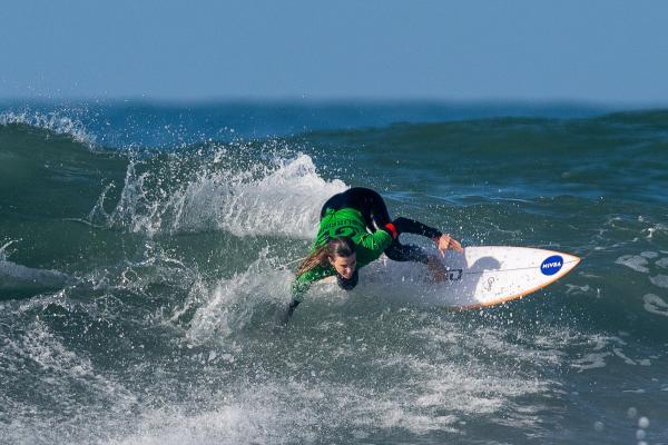 Surfing at St Ouen. GB Cup competition. Women's Open Round 4. Lucy Campbell of England (GREEN)                    Picture: ROB CURRIE