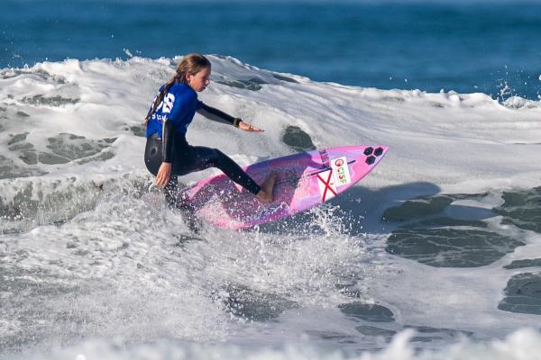 Surfing at St Ouen. GB Cup competition. Women's Open Round 4. Nava Dowse of Channel Iaslands (BLUE)                     Picture: ROB CURRIE