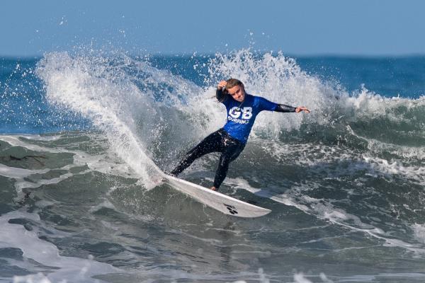 Surfing at St Ouen. GB Cup competition. Women's Open Round 4.  Lauren Sandland of England (RED), Poppy Owen of Wales (WHITE), Lucy Beatrix Brwon of Scotland (GREEN), Ellie Turner of England (BLUE)                     Picture: ROB CURRIE