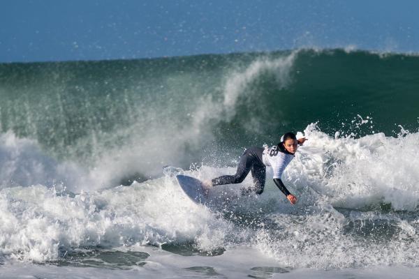 Surfing at St Ouen. GB Cup competition. Women's Open Round 4.  Lauren Sandland of England (RED), Poppy Owen of Wales (WHITE), Lucy Beatrix Brwon of Scotland (GREEN), Ellie Turner of England (BLUE)                     Picture: ROB CURRIE