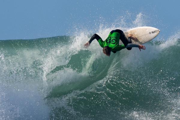 Surfing at St Ouen. GB Cup competition. Men's Open Semi Final. Max Bennett of Channel Islands (GREEN)                    Picture: ROB CURRIE