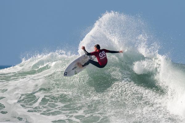 Surfing at St Ouen. GB Cup competition. Men's Open Semi Final. Stan Norman of England (RED)                   Picture: ROB CURRIE