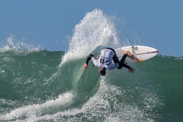 Surfing at St Ouen. GB Cup competition. Men's Open Semi Final. Lukas Skinner of England (WHITE)                  Picture: ROB CURRIE