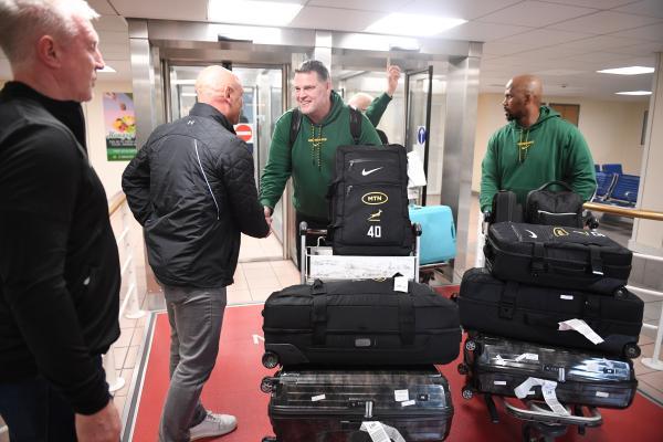 COACH, RASSIE ERASMUS meeting Ben Harvey from Strive The Springboks arrive in Jersey Picture: DAVID FERGUSON