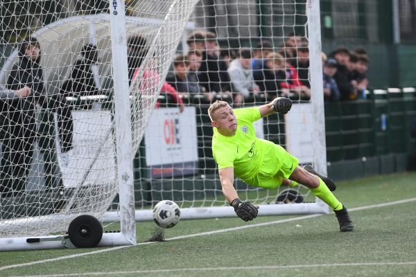 JSY goal number 2 GSY Keeper Ollie Miller FOOTBALL UNDER 21 Muratti at Springfield Picture: DAVID FERGUSON