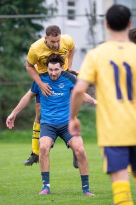 Football Grouville v St Clement 6 Reece Jackson on 9 Harry Moon  Picture: JON GUEGAN